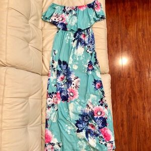 Long open shoulder dress